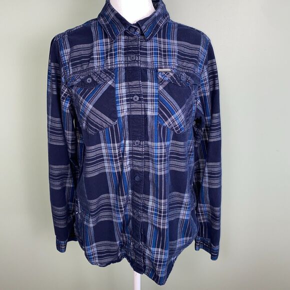 Columbia Flannel Shirt Womens Medium Blue Plaid Button Up Gorpcore Outdoor - Picture 1 of 11